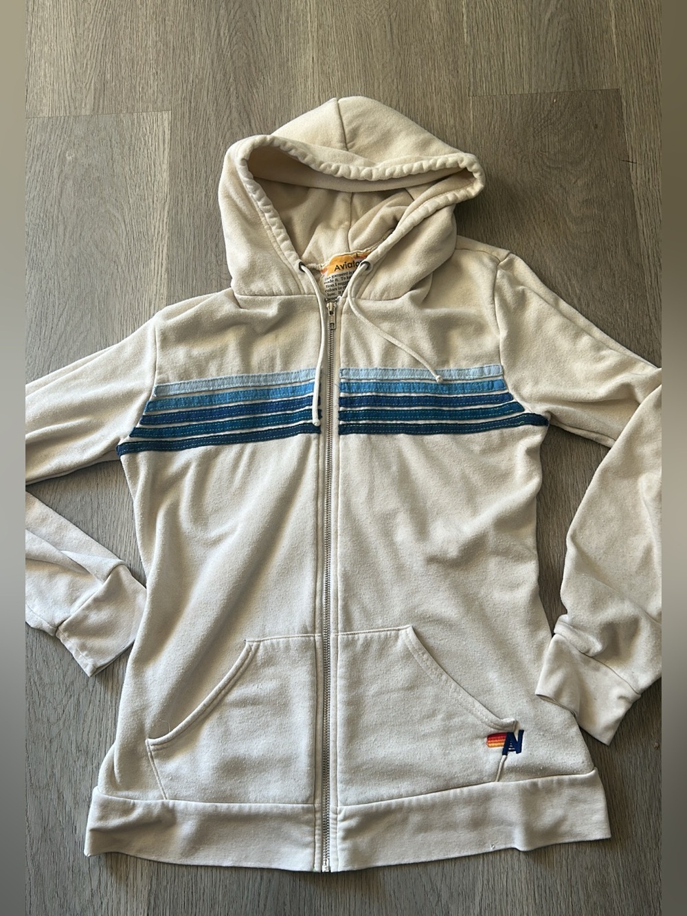 Aviator Nation  vintage Cream Zip Hoodie with 5 Blue Stripes size Large